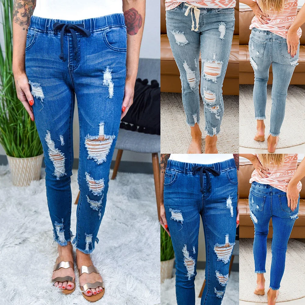 

Lace-Up Ladies Pencil Pants Fashion Slim Women Ripped Skinny Jeans Denim Pants Trousers Leggings Blue Jeans D30