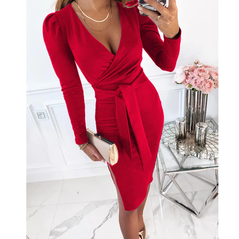 

Women Party Dress 2021 Sexy V-Neck Solid Red Long Sleeve Bandage Slim Tight High Waist Spring Autumn Harajuku Vestidos SJ8564R