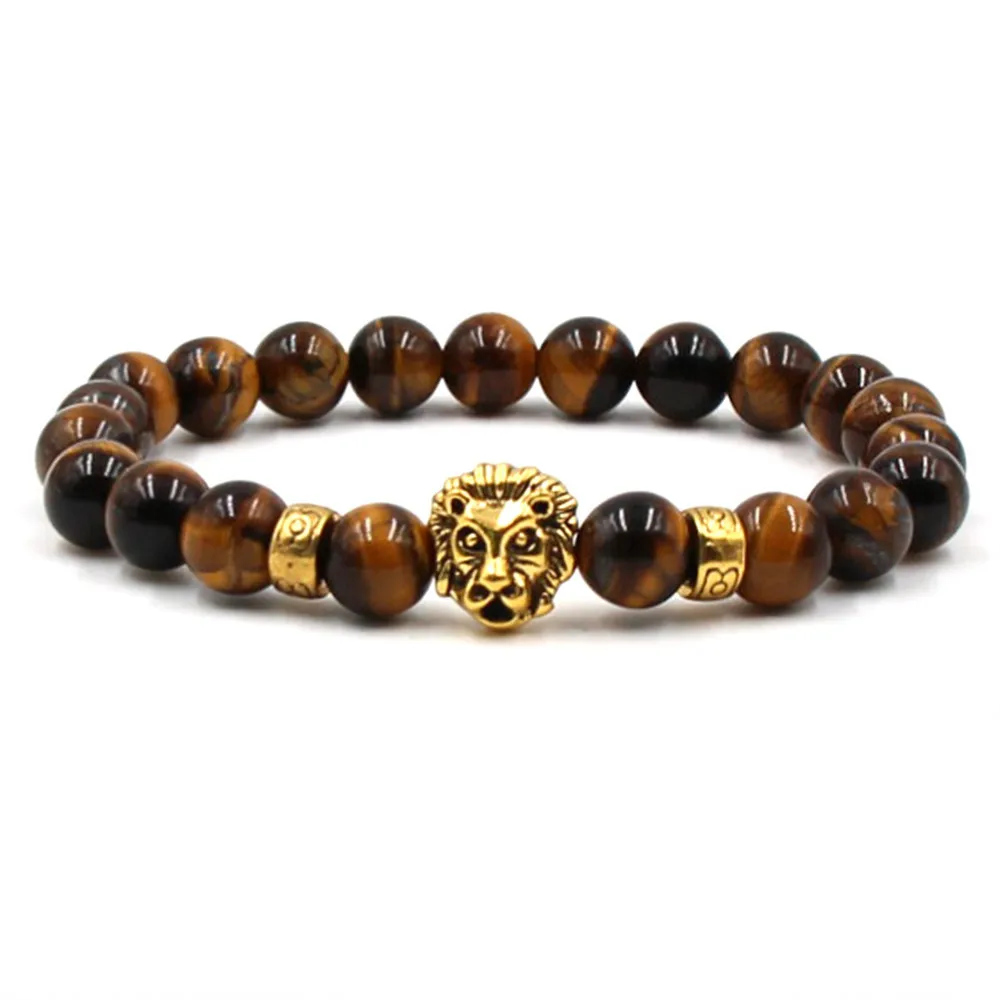 

8mm Black Weathered Agate Stone Alloy Leopard Head Men's and Women's Elastic Bracelet