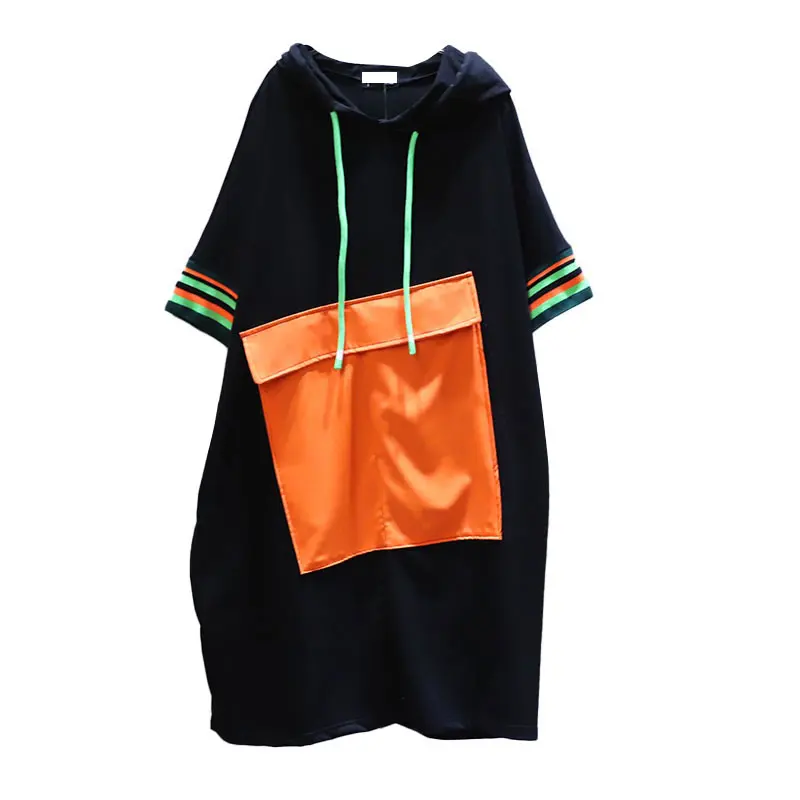 

XITAO Plus Size Hit Color Pocket Dress Tide Women Clothes 2021 Summer Fashion Loose Hooded Collar Short Sleeve Dresses GJ1002