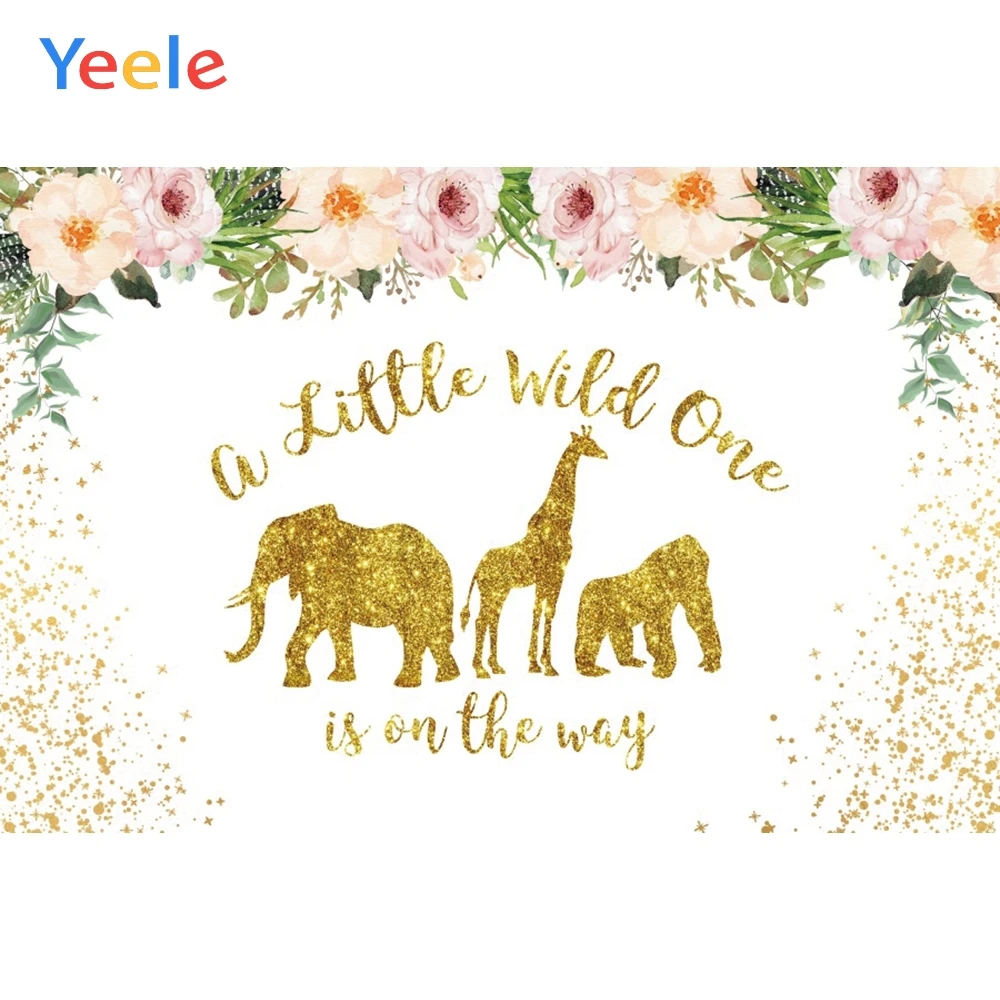 

Safari Animal Wild One Flower Gold Elephant Newborn Baby Shower Birthday Party Backdrop Vinyl Photography Background Photophone