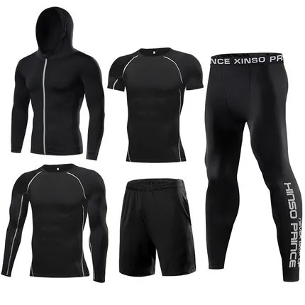 Fitness suit men's basketball tights training suit running gym fast dry spring and autumn five-piece set - Цвет: Белый