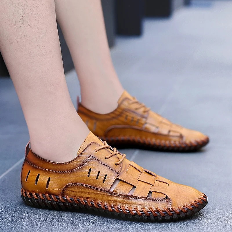 Мужские сандалии на мягкой подошве коричневые Пляжные Шлепанцы из натуральной