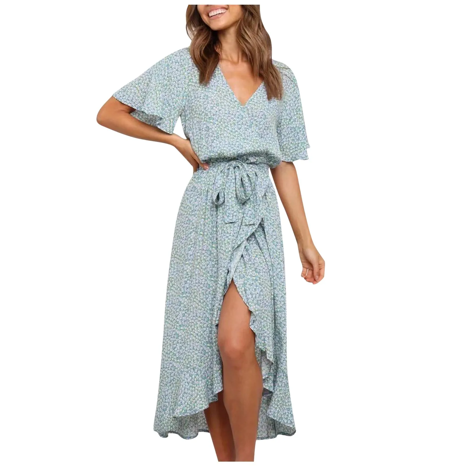 

Женское короткое платье с оборками и V-образным вырезом