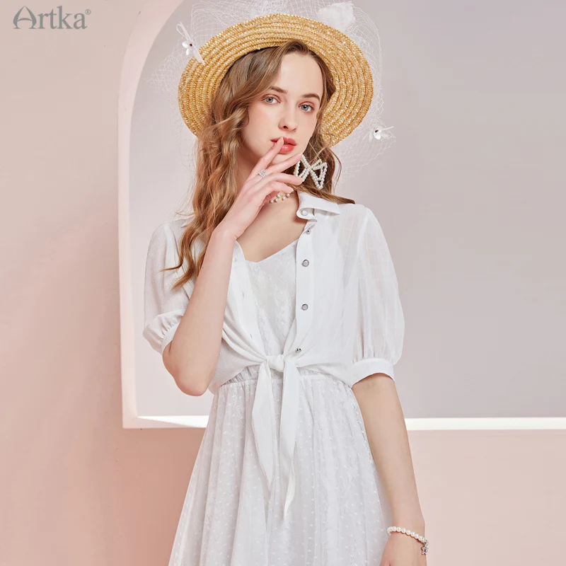 

Женская блузка с пышными рукавами ARTKA, Элегантная короткая белые шифоновые блузки блузка на шнуровке, тонкая верхняя одежда на лето, 2021