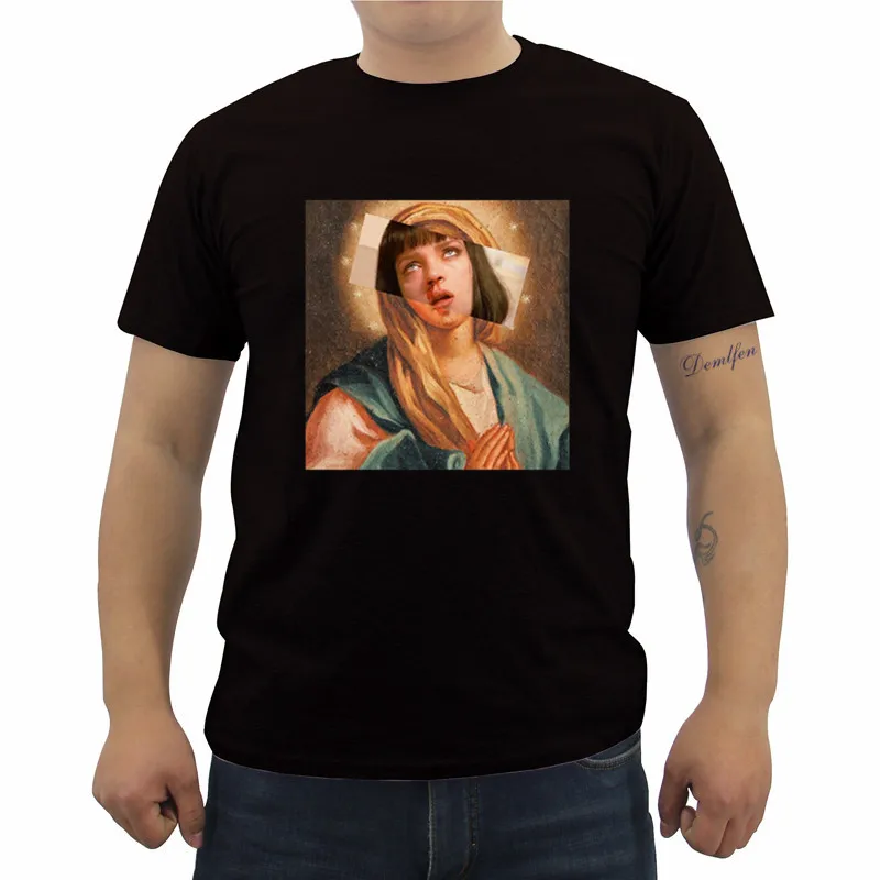 

Funny Pulp Fiction T Shirt Virgin Mary Mia Wallace T Shirt Men Poster Saint Mia T-shirt Male Cotton Short Sleeve O-neck Top Tees