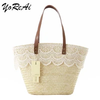 yoreai elegant ladies straw woven handbag women holiday beach casual tote top handle bag fashion lace shoulder bags high capacit