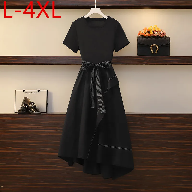 

L-4XL Plus Size Dress For Women 2021 Summer Short Sleeve O-Neck Sashes Draped Asymmetrical Large Elegant Female Black Dresses