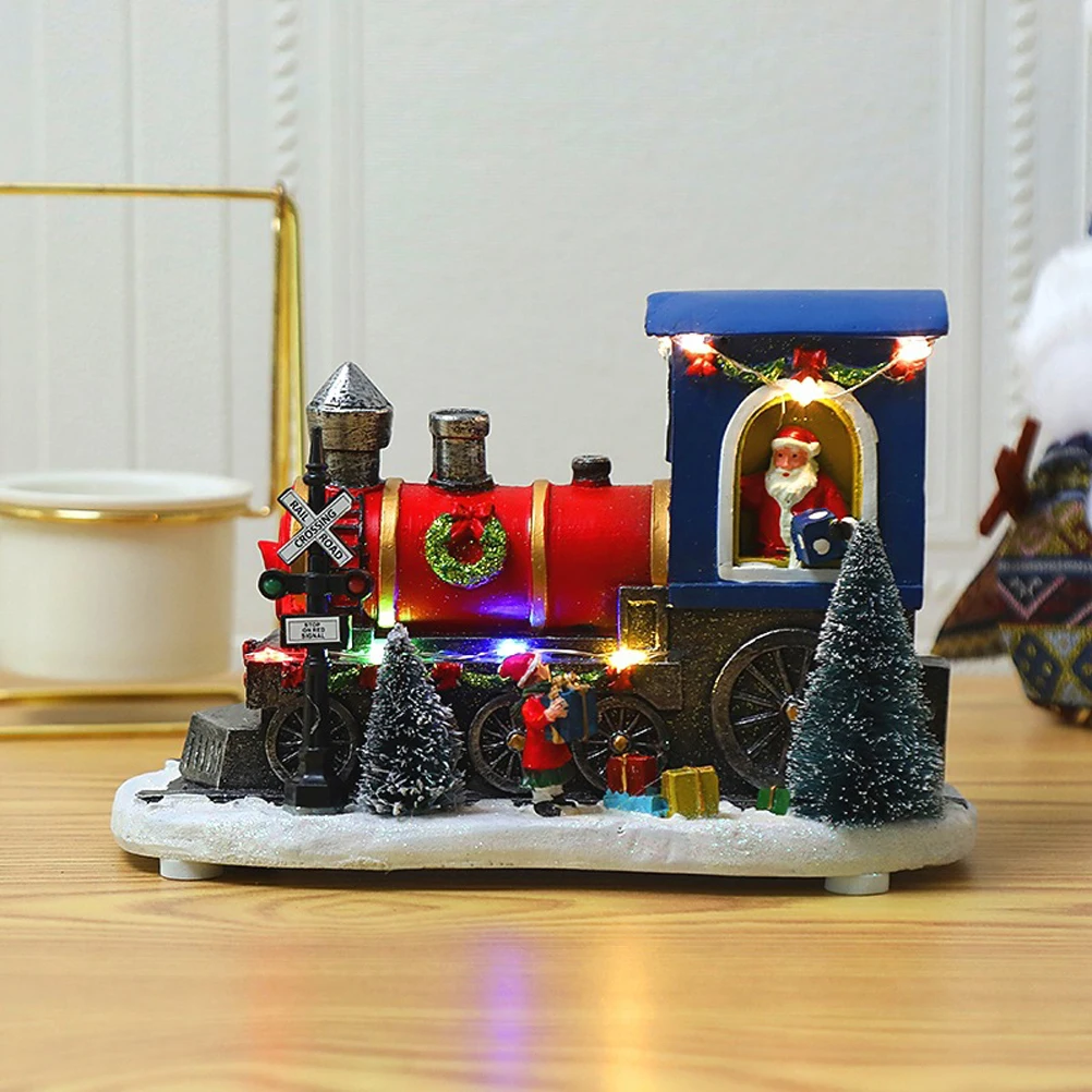 

Christmas Village House Train Snow Scene Resin Ornament With LED Light Miniature Xmas Holiday Decoration Home New Year Kids Gift