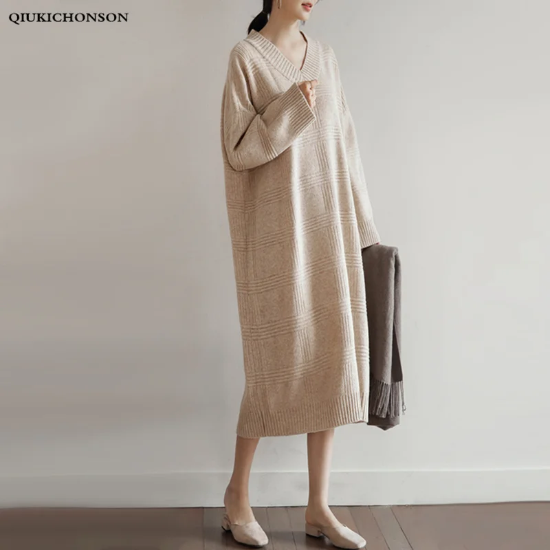 Корейский свитер с v образной горловиной платье для женщин осень зима плотные