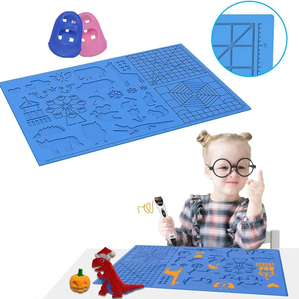 

3D Printing Pen Silicone Drawing Board Pad Mat Design With Basic Template And 2 Silicone Finger Caps For 3D Pen Drawing Tools