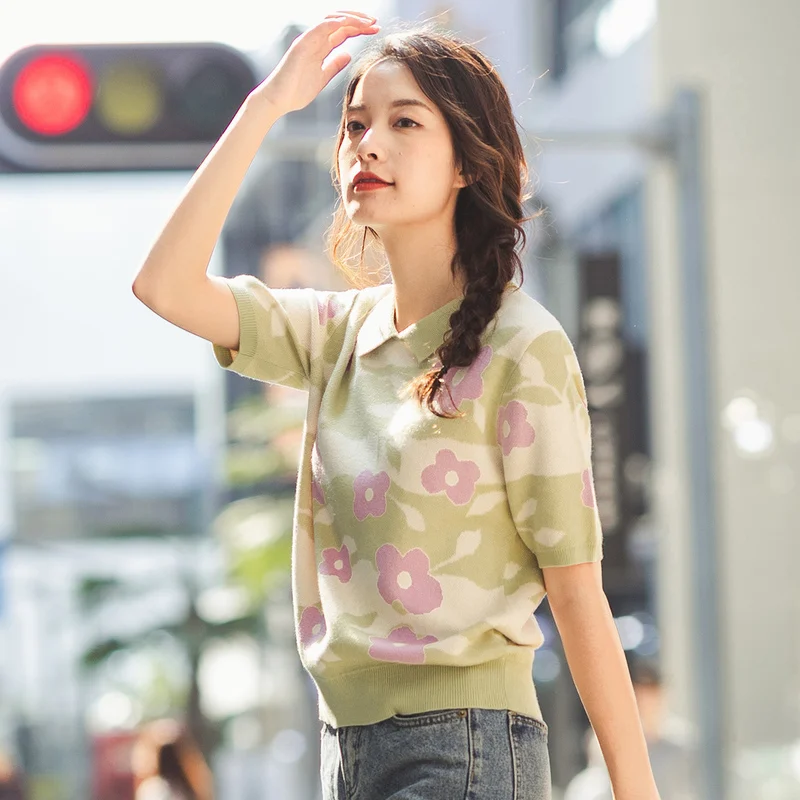 INMAN 2020 Spring New Arrival Literary Lapel Flower Jacquard Weave Base Short Sleeve Knit Sweater | Женская одежда