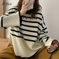 blessyuki autumn oversized loose knitted stripe sweater women classic retro all match bilateral split pullovers female soft tops