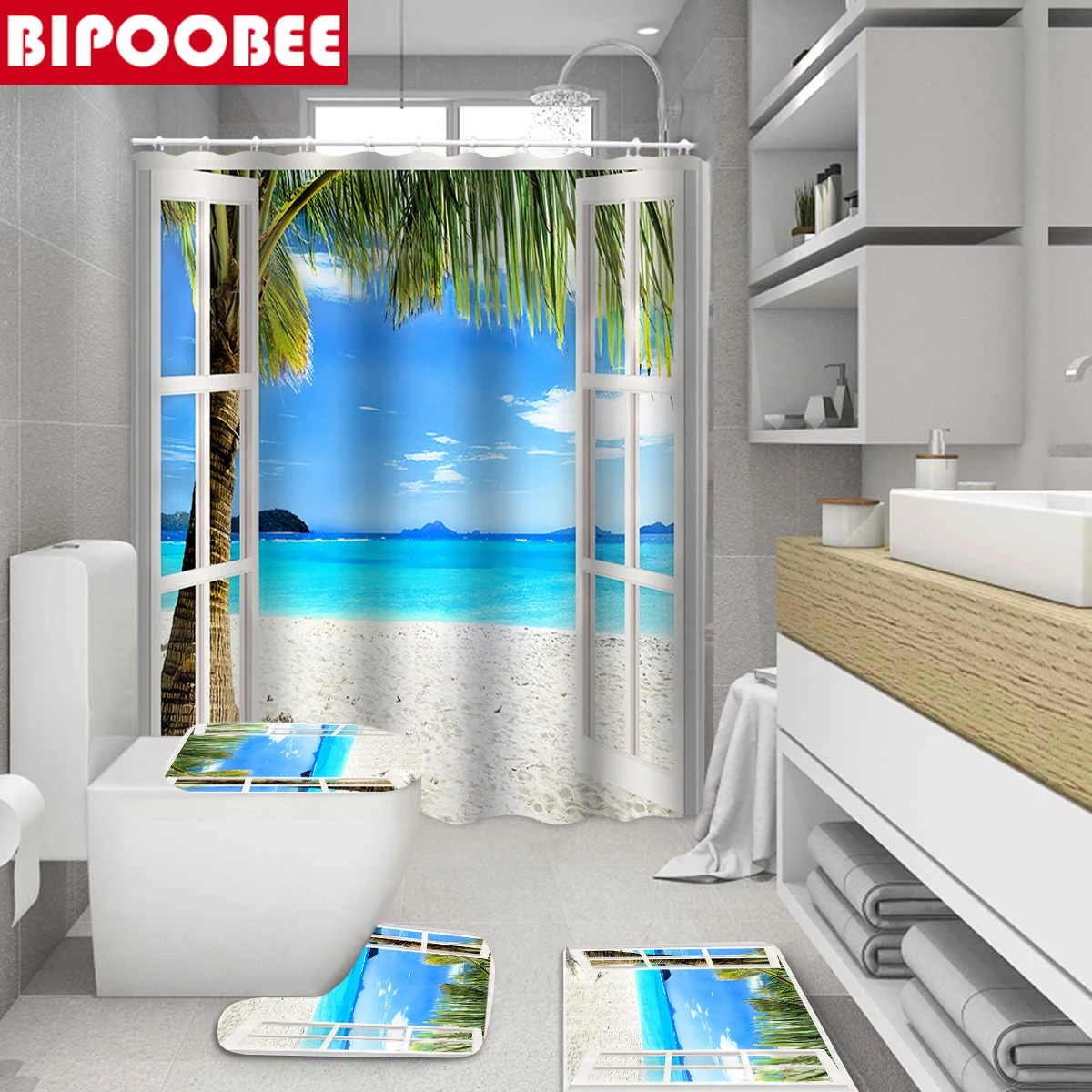 Seaside Resort Bathroom Set Beach Coconut Tree Pattern Shower Curtains Bath Rugs Mats Pedestal Non Slip Carpet Partition Curtain | Дом и сад