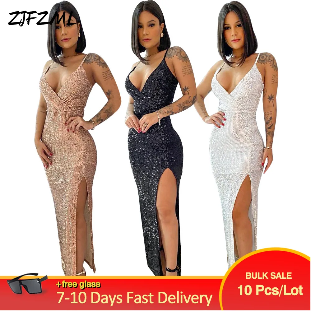 

Bulk Items Wholesale Lots Sexy Backless Side Split Sequin Dresses Trendy Spaghetti Strap V-neck Bodycon Maxi Dress Vestido New