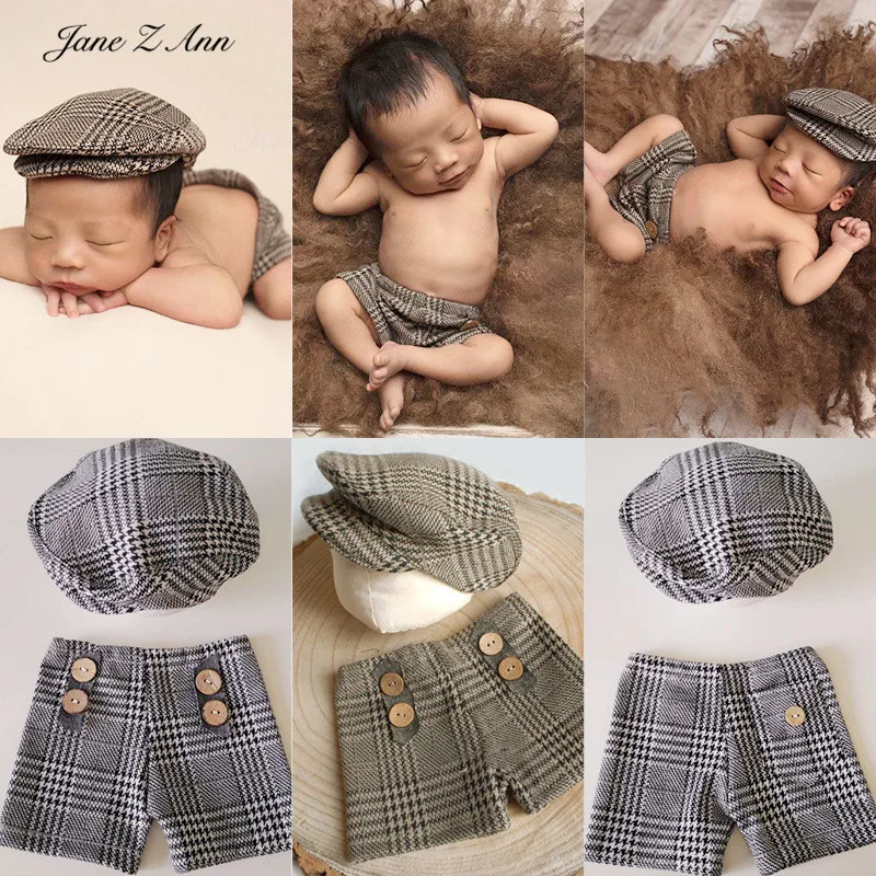 

Jane Z Ann Newborn Shooting Studio Props infant boys gentlemen hat+plaid Shorts Infant twins brother outfits