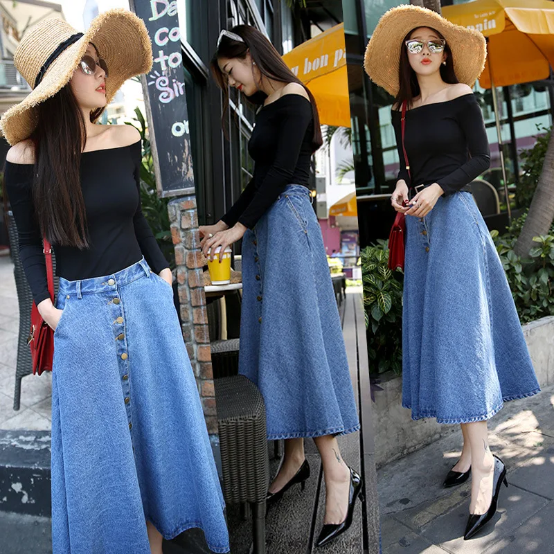 KALENMOS Korean Preppy Style Denim Skirt Women Solid Color High Waist Long Feminina Big Hem Ball Gown Button Jean Skirts | Женская