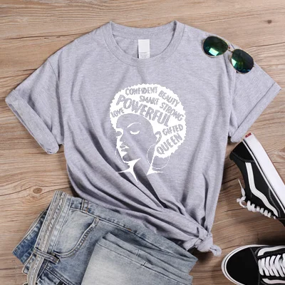 ONSEME Afro Lady Graphic футболки Женская Феминистская футболка Девушка сила королева лето черный розовый Женская футболка Эстетическая одежда Q-882 - Цвет: Gray-White