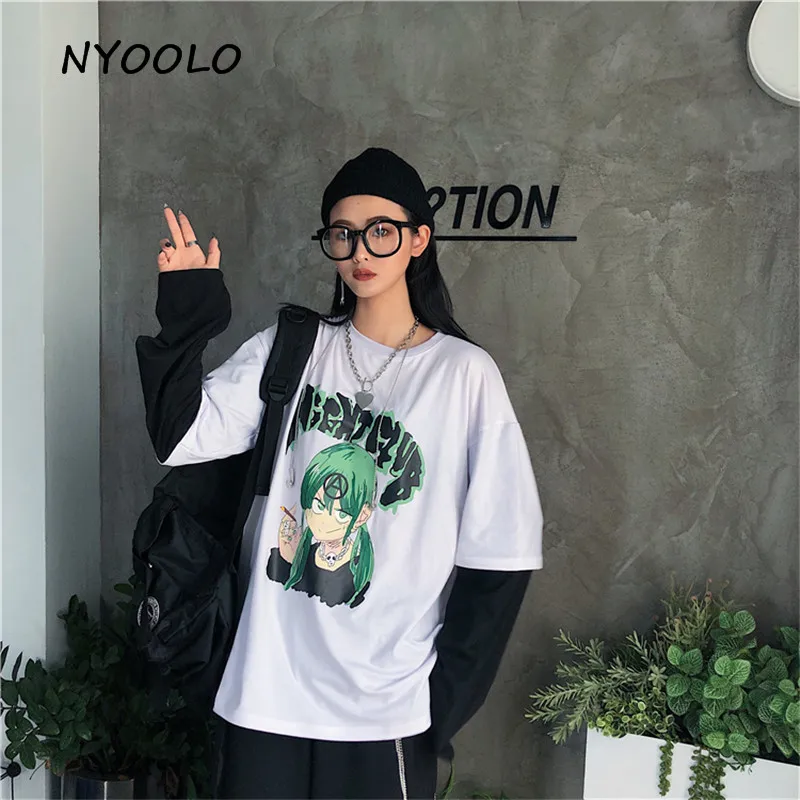 NYOOLO Harajuku стиль зеленый Смешной Персонаж печати лоскутный Топ осень уличная Поддельные 2 шт. футболка с длинными рукавами для женщин и мужчин
