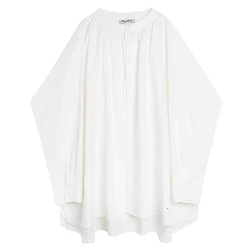 [EAM] Women Pleated White Big Size Blouse New Stand Collar Long Sleeve Loose Fit Shirt Fashion Tide Spring Autumn 19A-a636 - Цвет: white