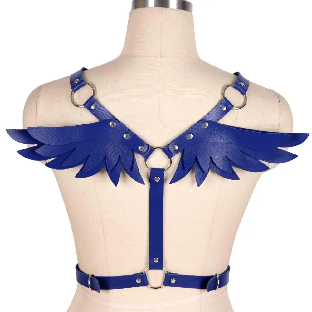 Женский кожаный бюстгальтер синего цвета с крыльями ангела топ поясом сзади