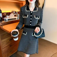 button plaid knitte dress mini long sleeve autumn winter new 2021 sweater short robe a line retro korean black dresses