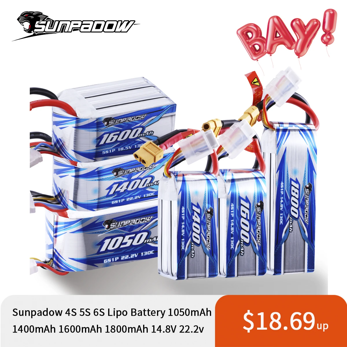 Аккумуляторная батарея Sunpadow RC Lipo 4S 6S 1050 мАч 1400 1600 1800 130C мягкая упаковка с разъемом