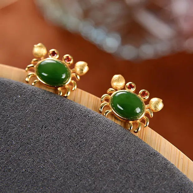 

S925 Sterling Silver Natural Jasper Crab Stud Earrings Cute Fashion Earrings Hetian Jade Unique Exquisite Earrings Silver Jewelr