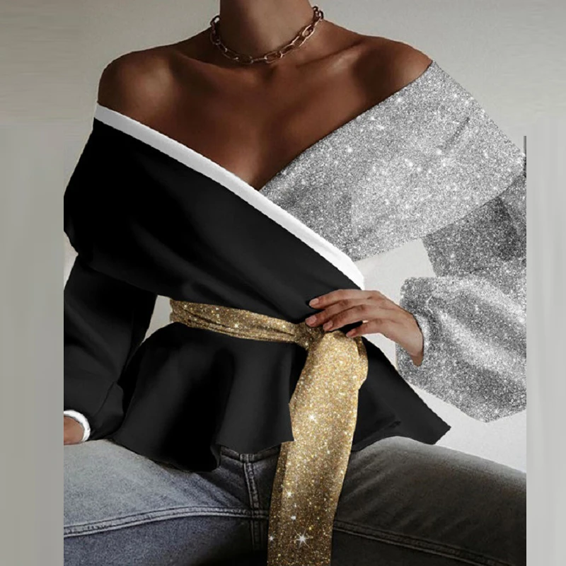 

Женские Элегантные Топы с поясом и рукавами-фонариками на весну Новинка Лидер продаж женские рубашки модные пикантные яркие шелковые блузк...