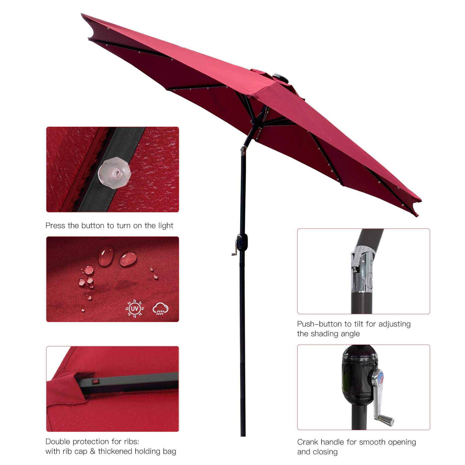 

9Ft Patio Umbrella Outdoor Solar Powered Aluminum Polyester 32 LED Lighted Umbrella with Tilt and Crank for Garden Pool Backyard