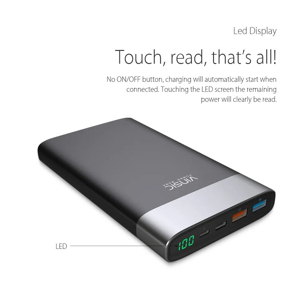 Vinsic 20000 мАч Быстрая зарядка QC3.0 внешний аккумулятор Двойной USB внешний аккумулятор для iPhone X samsung S9 Xiaomi Mi8