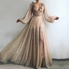 Шикарное золотистое мусульманское официальное платье с цветами, V-образным вырезом, бусинами, блестками, трапециевидного силуэта, Дубайский стиль, женское вечернее платье 2020