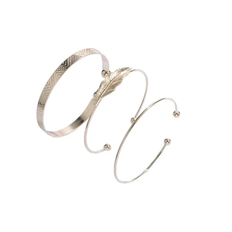 Sindlan 5PCs Vintage Flower Pattern Feather Bangles for Women Gold Crystal Charm Open Bracelets Set Fashion Wrist Chain Jewelry | Украшения