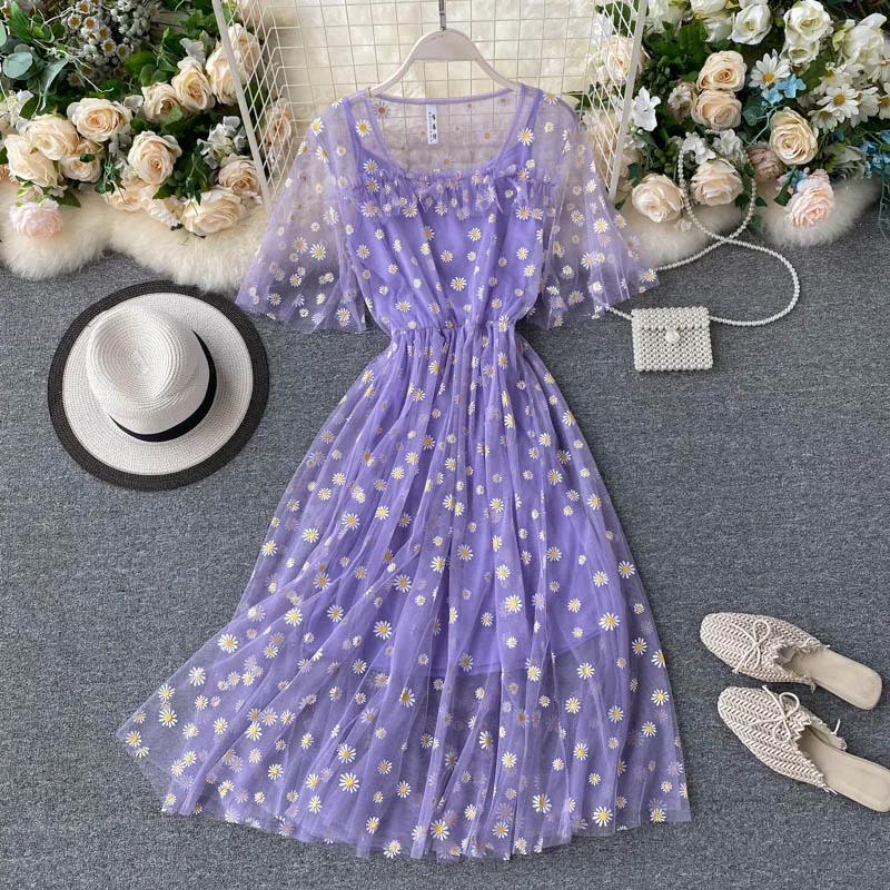 Женское Сетчатое платье с ромашками SINGRAIN длинное однотонное на бретельках