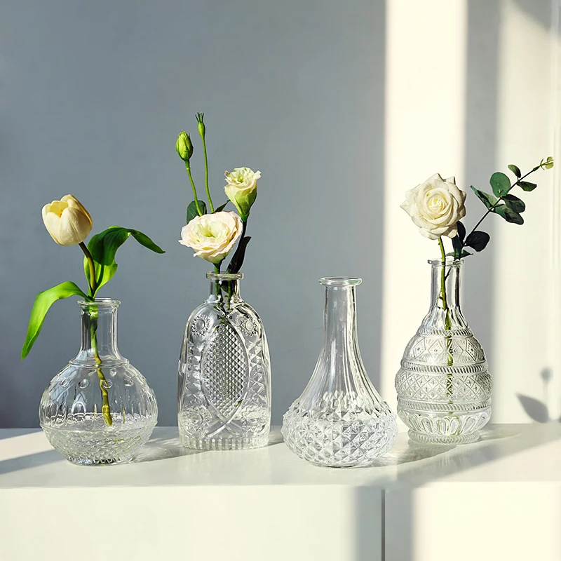 

European-Style Baroque Relief Transparent Glass Vase Decoration Living Room Dining Table Literary Dried Flowers Arrangement