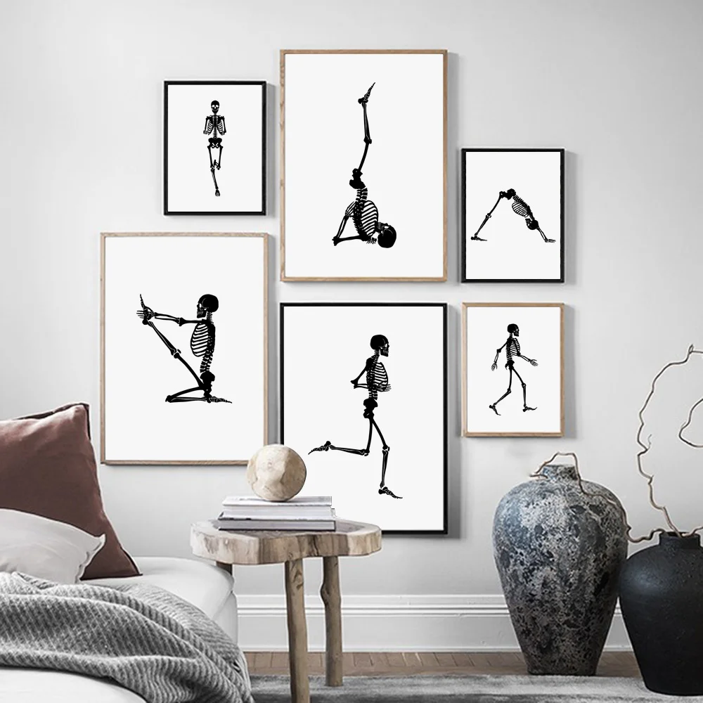 

Wall Art Canvas Painting Black Skeleton Running Yoga Minimalist Nordic Posters and Prints Wall Pictures for Living Room Decor