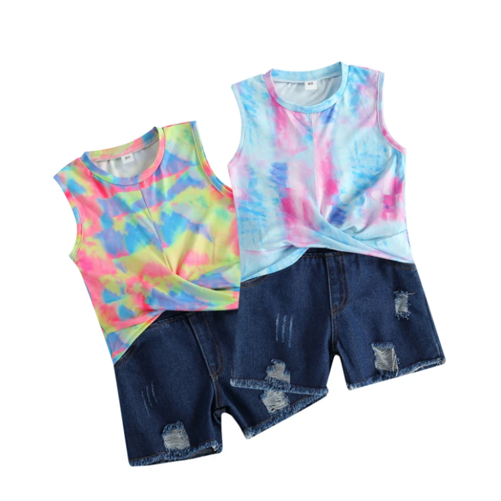 

Fashion Kids Baby Girl Clothes Tie Dye Print Sleeveless Top Vest+Holes Denim Shorts Summer 2pcs Set 2-7Y