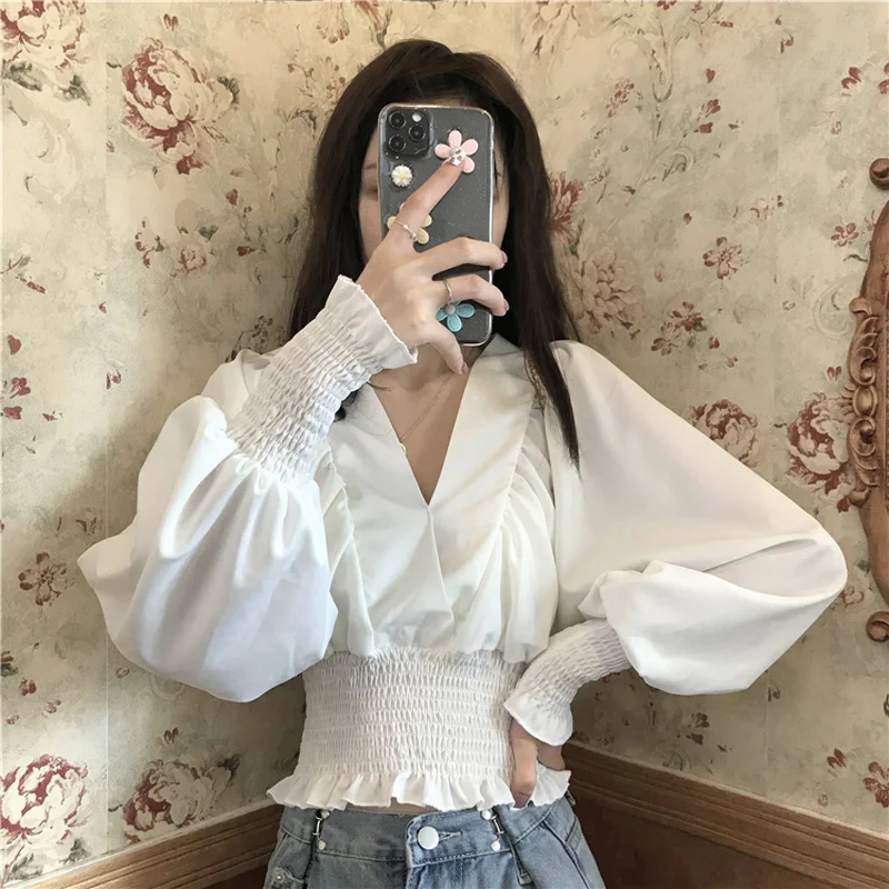 

TVVOVVIN Short V Neck Blusas Mujer Puff Sleeve Spring Summer Slim Sweet Blouses Women Tops Solid Korean Shirts Vintage SQNV