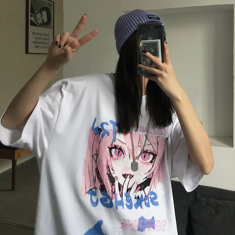 T-shirts Women Anime Print grunge Loose Steampunk Tee Gothic Female Harajuku Summer Clothing E-Girl Kawaii y2k aesthetic top