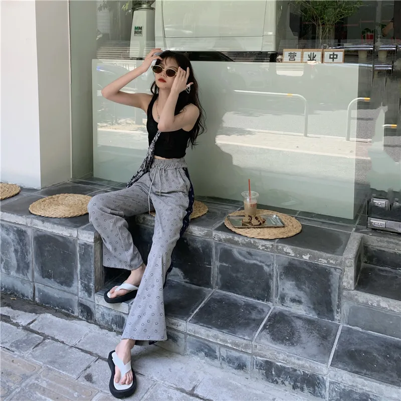 

New Spring Korean Fairy Casual Pants Women Trendy Smiley Face Color Matching Trousers Hip-hop Loose Cotton Sweatpants Mujer