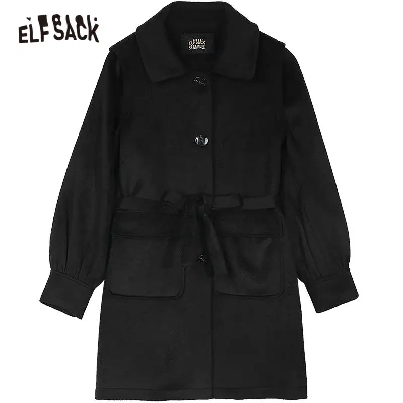 

ELFSACK Black Solid Single Breasted Straight Casual Wool Coat Women,2020 Autumn ELF Pure Pocket Korean Ladies Daily Warm Outwear