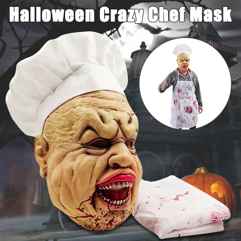 

New 3 PCS Murder Chef Mask Latex Scary Horror Hat Apron Set Prom Party Cosplay