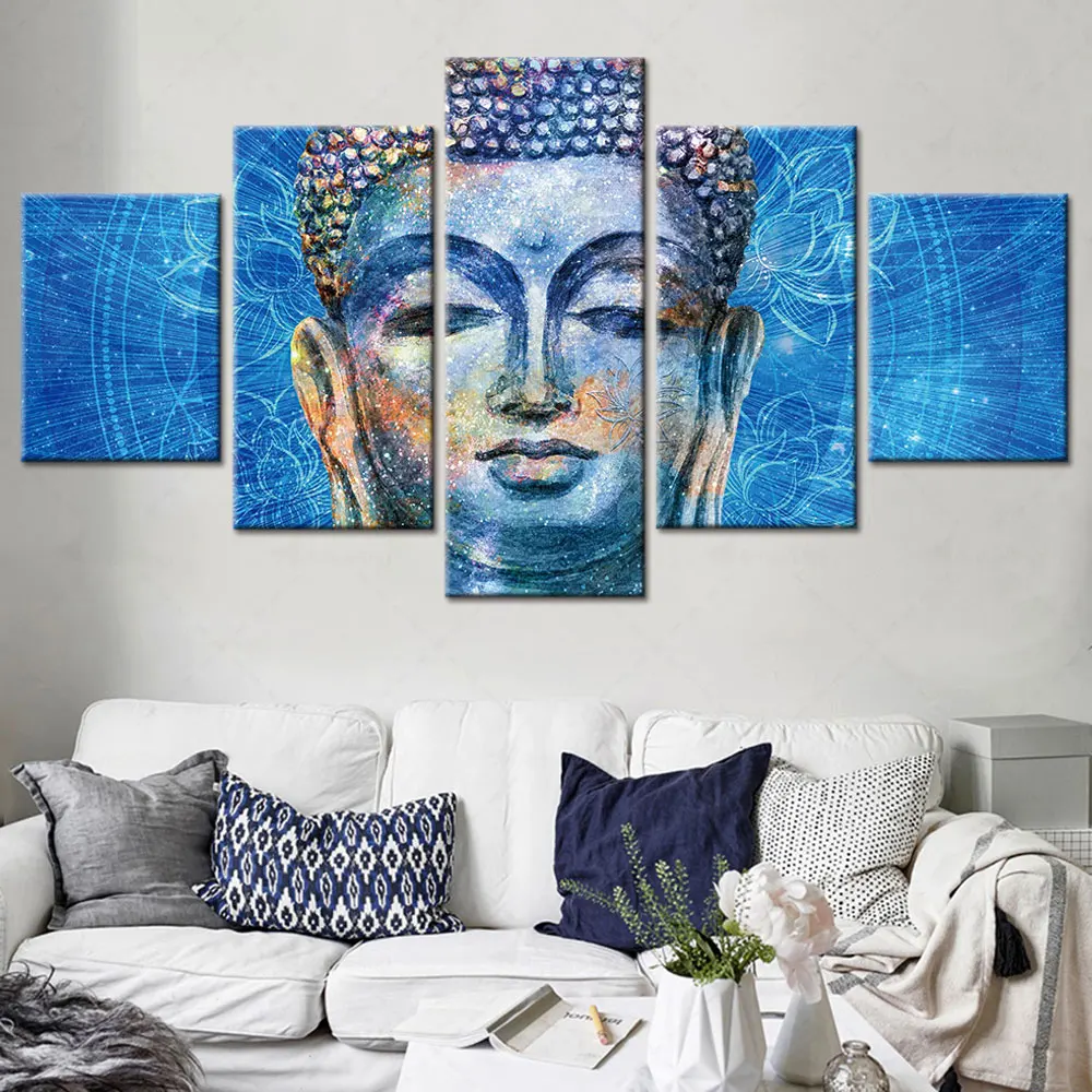 

Artsailing High Quality Blue Background Stone Buddha Painting Modular Cuadros HD 5 Pieces Wall Decor Room Decoration Aesthetic