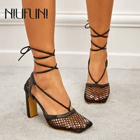 niufuni 2022 summer womens sandals mesh breathable square toe ankle strap thick high heels size 35 42 gladiator shoes stiletto