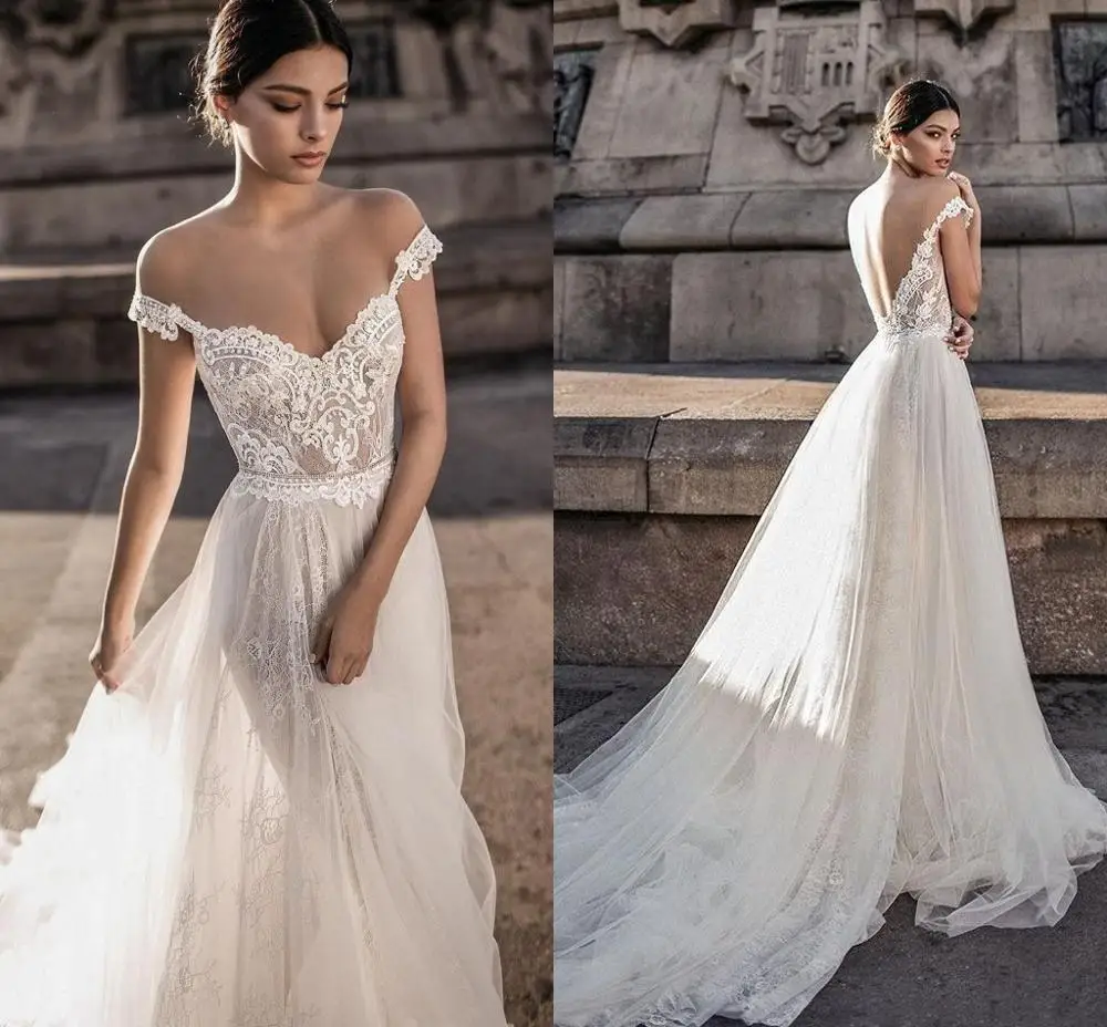 

2023 Sheer Bohemian Wedding Dress Off the Shoulder Lace Illusion Bodice Tulle Sweep Train Backless Bridal Gowns Vestidos Noiva