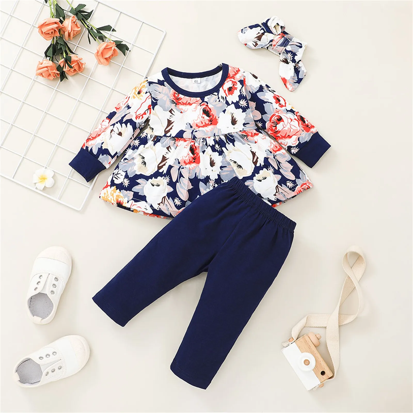 

Осенняя одежда для маленьких девочек, комплект из 3 предметов, пуловер + брюки + повязка на голову с оборками и цветочным рисунком, Детский ко...