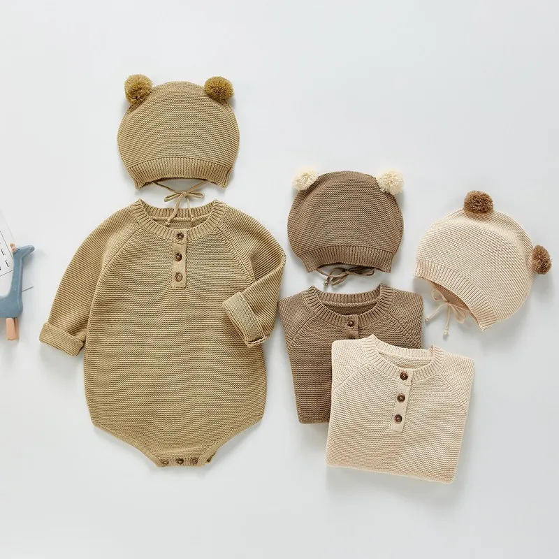 

Korean Version Newborn Baby Knitted Jumpsuit Autumn Spring Baby Climber Sweater Solid Nreborn Romper with Hat Cute Ears