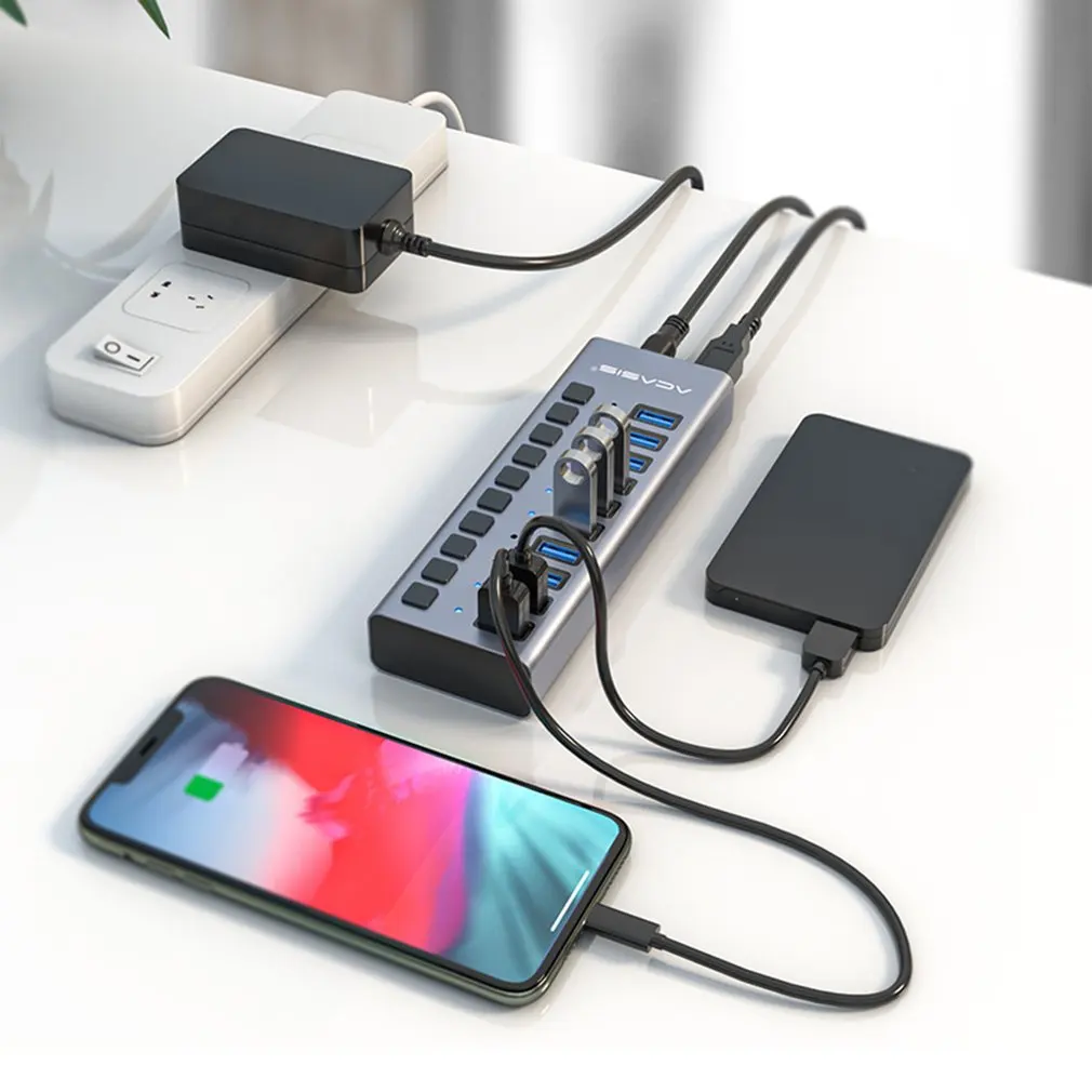 

Концентратор с 10 портами USB 3,0, высокоскоростной адаптер-разветвитель с выключателем ВКЛ./ВЫКЛ., расширитель USB, компьютерные аксессуары