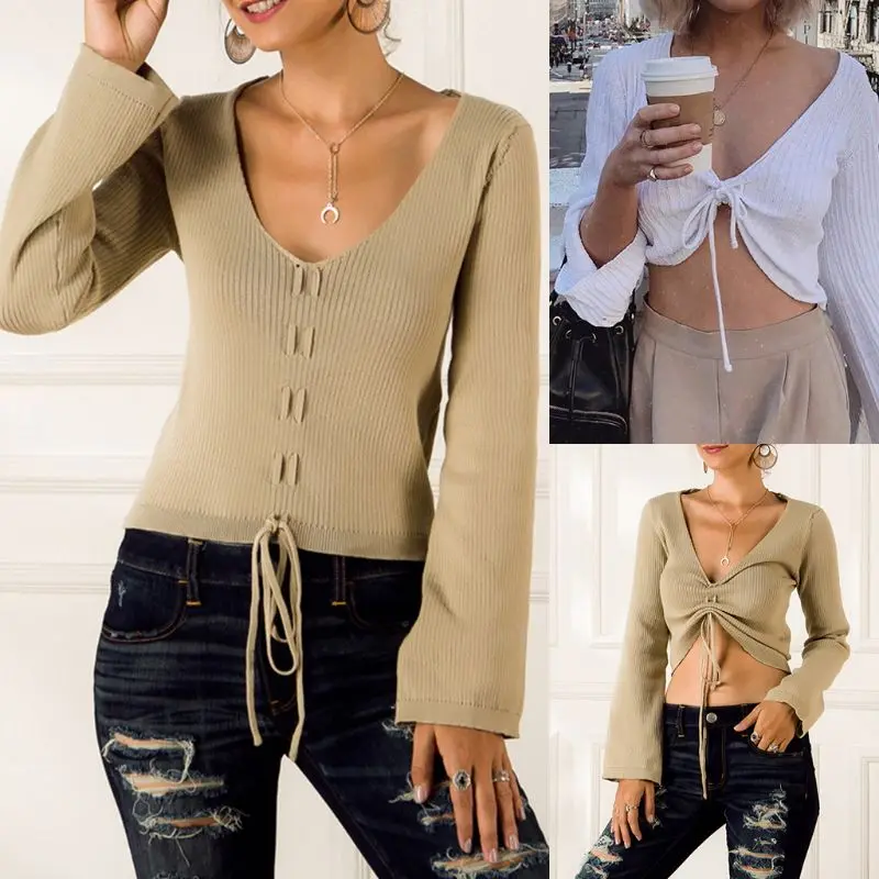 

Women Autumn Long Sleeve Sweater Sexy V-Neck Ruched Drawstring Crop Top Solid Color Ribbed Knitted Pullover Jumper Shirts Street