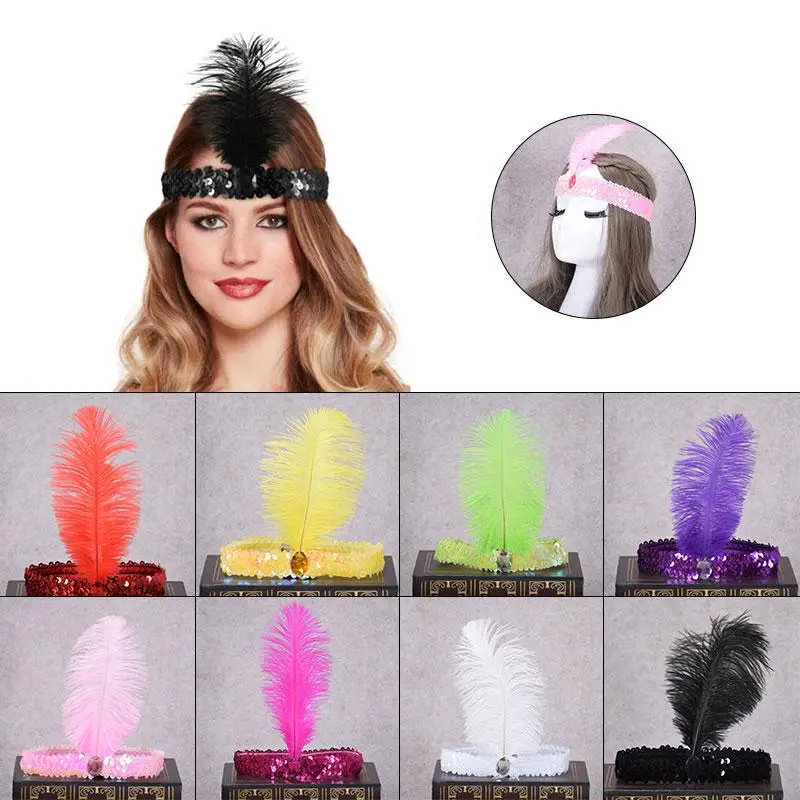 

Fashion Elastic Sequined Diamond Headband Ostrich Feather Flapper Indian Hairband Performance Headwear Girls Hair Accessories